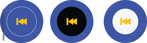 Rewind Icon Set in Blue, Black and White Circles | Multimedia Player Control for Apps, UI Design