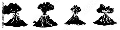A modern cartoon illustration depicts a volcano eruption isolated on a black background with hot lava flowing from cracks in the mountain