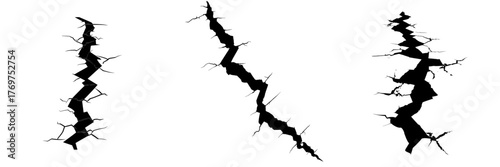 Texture of a cracked wall, a broken ground line for an earthquake effect, and realistic destruction, with a 3D fissure on a floor or glass surface, isolated on a graphic