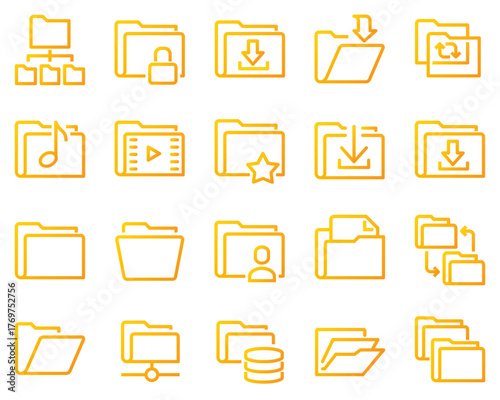 A simple set of vector line icons related to folders. Contains icons such as repository, sync, network folder and more	