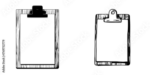 The illustration of a wooden clipboard with white paper is rendered in a modern cartoon flat style, doubling as an art design template mockup and abstract graphic concept