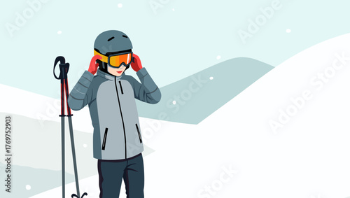 Male skier putting on goggles in gray jacket holding ski poles on snowy mountain, concept of winter sports and alpine style