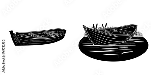 A picturesque wooden rowboat was moored on the serene banks of a peaceful lake, as depicted in a contemporary flat minimalist isolated illustration