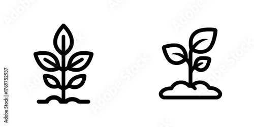 The icons include a leaf, tree, and a silhouette of a flower, all in a sketch style, along with a green plant with leaves in a black flat glyph and a seedling growing in the soil, featuring a small
