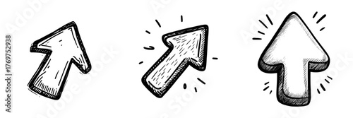 A charming, hand-drawn flat arrow is depicted pointing upwards, characterized by its bold and funky style, suitable as a doodle business arrow mark icon for various designs, including web and banner