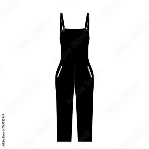 A sleeveless jumpsuit featuring shoulder straps, a strappy design, and a zippered closure, characterized by a wide leg and constructed from denim, is represented in a technical drawing template as a