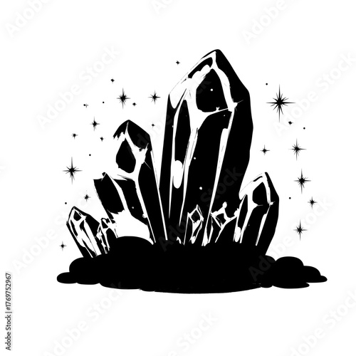 This modern cartoon illustration showcases a pile of neon glowing mineral rocks, big diamond crystals, and abstract shape stones, all isolated on a background with magic blue gemstones