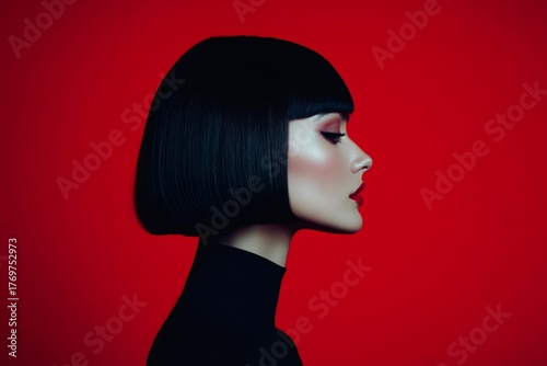 Woman showcasing a modern blunt bob hairstyle and striking red lipstick against a bold red background, exuding elegance and style