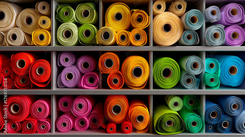 Fototapeta premium Colorful rolls of fabric neatly arranged on shelves in store display, showcasing variety of textures and vibrant tones