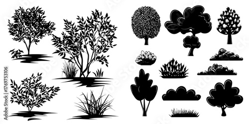 A modern cartoon illustration of isolated green plants, including trees, bushes, shrubs, and grass on a white background, ideal for designing parks, woods, forests, or gardens during spring or