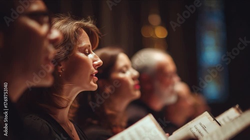 A choir performs, singing with passion from sheet music in a concert setting.