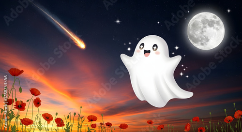 Cartoon ghost happily floating in a colorful night sky with flowers  