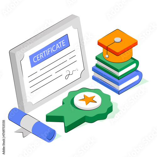 Paper with badge, isometric design of academic certificate illustration