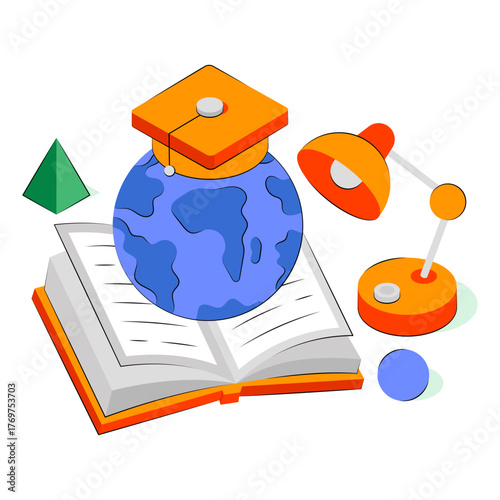 Globe with book, isometric design of global education 