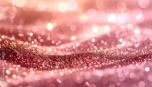 Elegant rose gold glitter texture with soft shimmer and glowing bokeh lights. Perfect for luxury, festive, fashion, or wedding design backgrounds.