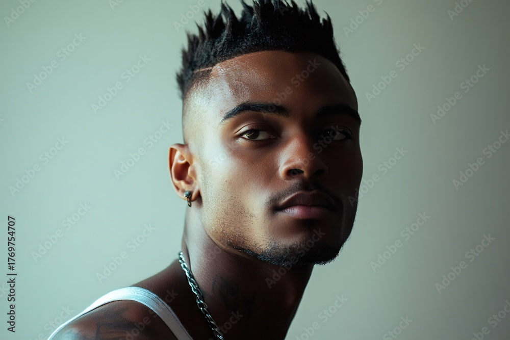 Obraz premium Young Black man posing for a portrait, featuring a modern high top fade haircut and a focused expression
