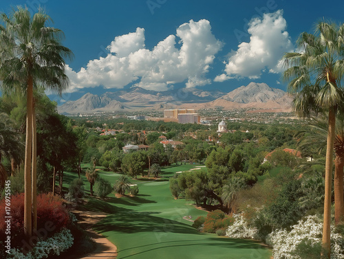 A golf course with the Las ...