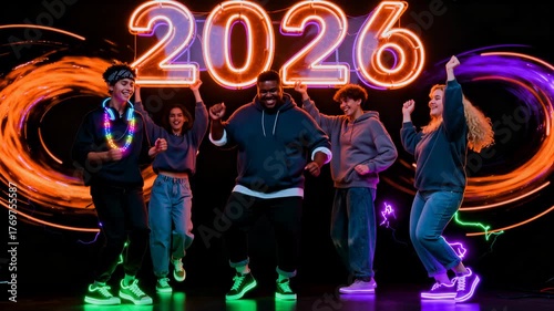 Five people dance on stage under neon lights, one holding 2026, joyful expressions, dynamic atmosphere, New Year celebration, youthful, energetic, vibrant, future, optimism. period