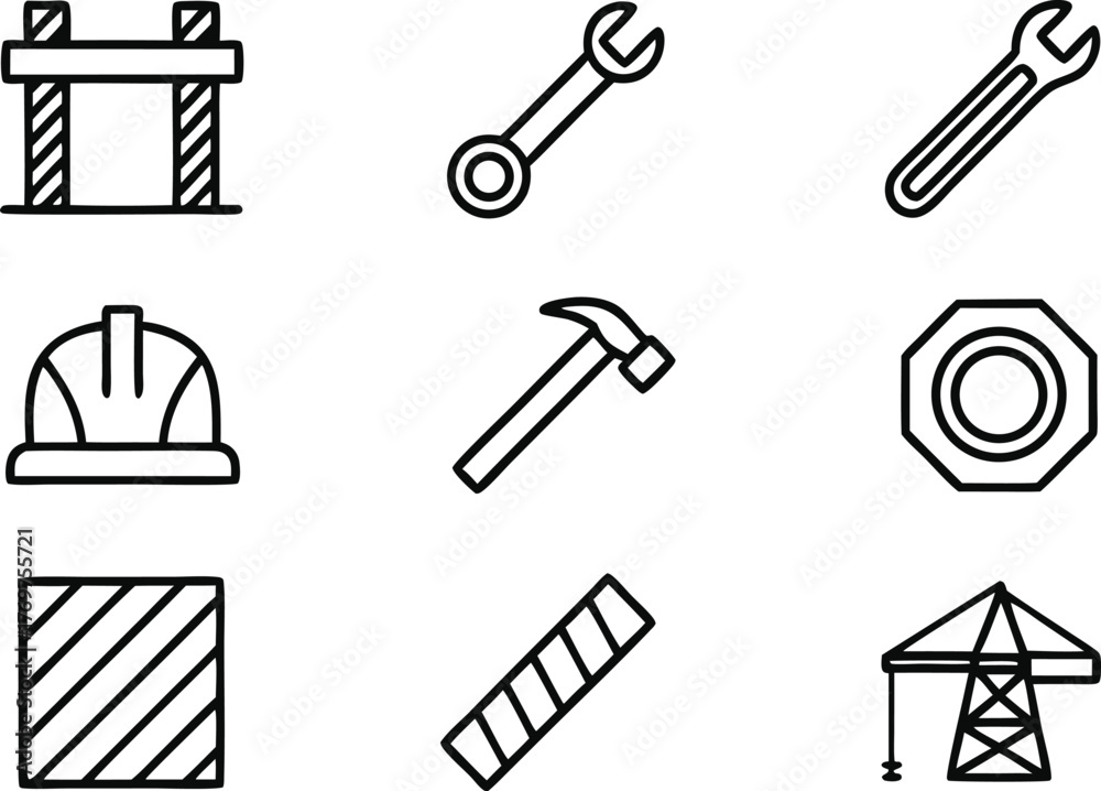 Fototapeta premium Set of Construction and Industrial Tools and Elements in Outline Style icon symbol