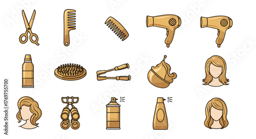 Golden collection of professional hairdressing tools and accessories, including scissors, combs, hair dryers, brushes, curling irons, hairspray, and styled hair icons, perfect for beauty salon
