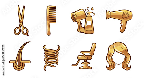 Golden Hairdressing Tools and Accessories Collection: Featuring Scissors, Comb, Hair Dryer, Spray Bottle, Hair Strand, Curled Hair, Barber Chair, and Wig, symbolizing beauty, style, and salon