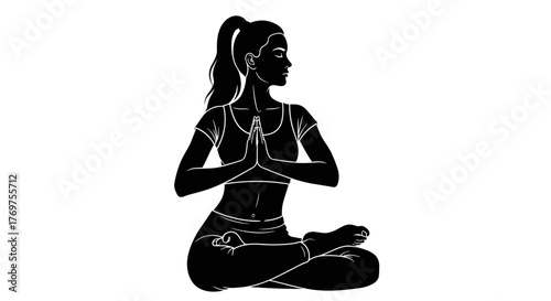 Stylized outline of a woman in a meditative pose, sitting cross-legged with arms crossed over her chest, conveying a sense of calm, mindfulness, and inner peace, perfect for wellness and self-care