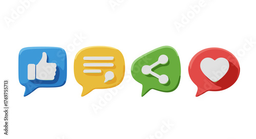 Vibrant 3D social media icons representing engagement: a blue 'thumbs up' for likes, a yellow speech bubble for comments, a green share icon, and a red heart for love, all isolated on a black