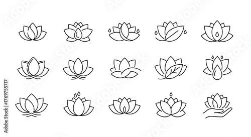 Collection of delicate line art lotus flower icons and symbols, representing purity, enlightenment, and spiritual growth, perfect for yoga, meditation, spa, and wellness branding, presented in a
