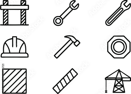 Set of Construction and Industrial Tools and Elements in Outline Style icon symbol