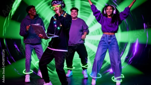 Three dancerstwo adult males and one femaleuse laptops on green-lit stage, expressing joyful movement with raised arms and open mouths, in energetic atmosphere, celebrating dynamic performance