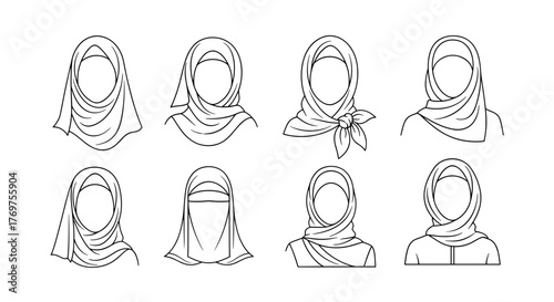 Collection of eight diverse white line art illustrations of women wearing various styles of hijabs and niqabs, set against a black background, showcasing cultural modesty and fashion diversity in