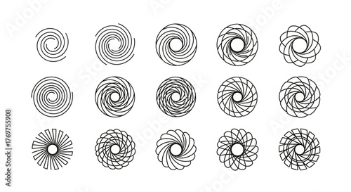 A collection of fifteen intricate, abstract circular patterns in white on a black background, showcasing a variety of geometric and swirling designs, perfect for graphic resources and design elements.