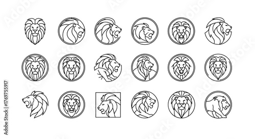 Collection of stylized lion head emblems and icons, presented in a clean, minimalist white line art style against a stark black background, showcasing diverse poses and circular or square framing for