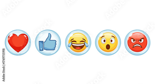 A vibrant collection of five distinct emoji icons, each encased in a clear bubble, representing a spectrum of emotions from love and approval to laughter, surprise, and anger, set against a stark