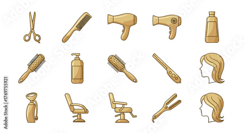 Golden collection of professional hairdressing tools and accessories, including scissors, combs, hair dryers, brushes, curling irons, flat irons, shampoo bottles, and salon chairs, presented on a