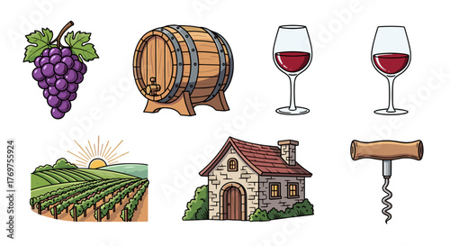 A charming collection of wine-related icons, featuring a bunch of ripe purple grapes, a wooden barrel, two elegant wine glasses filled with red wine, a picturesque vineyard at sunset, a rustic stone