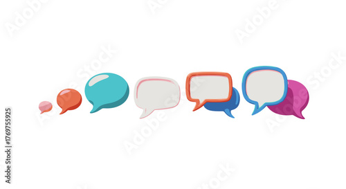 A dynamic arrangement of colorful 3D speech bubbles in varying sizes and shapes, isolated on a black background, symbolizing communication, conversation, and ideas in a vibrant and modern digital