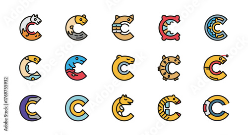 A vibrant collection of stylized letter C icons, each creatively designed to incorporate animal motifs, abstract patterns, and geometric elements, presented on a stark black background for maximum