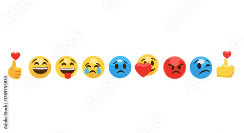 A vibrant collection of diverse emoji faces and gestures, including a thumbs up with a heart, laughing faces, a crying face, a sad blue face, a face with a heart, an angry red face, and a winking