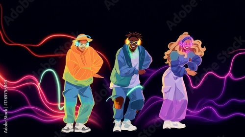 Three animated characters dance in darkness, wearing vibrant clothing and headphones, raising arms and legs with neon lines connecting them, conveying energetic movement and bright