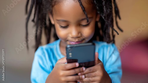 young Black child with dreadlocks examines black smartphone surrounded by confetti in warmly lit indoor setting, conveying digital learning and playful engagement, joyful connection, future tech