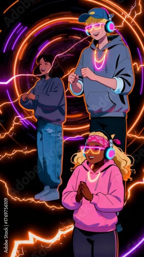 Three animated charactersa young woman dancing, supportive male, and teenage girl with headphonesexperience joyful excitement in bright lighting with purple and orange lightning
