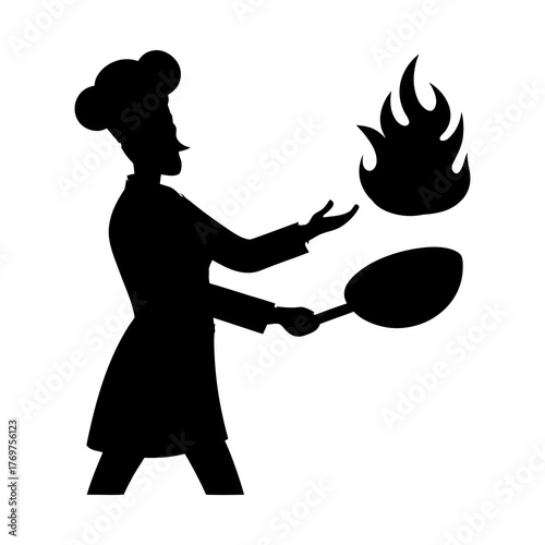 Chef flipping food in a pan with flames
