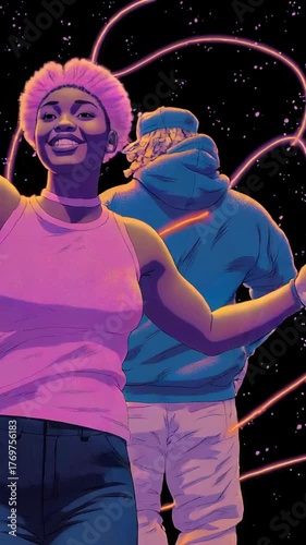 Three adults with long hair walk towards viewer under stars, central figure emitting orange to purple energy trails, wearing blue, white, and orange