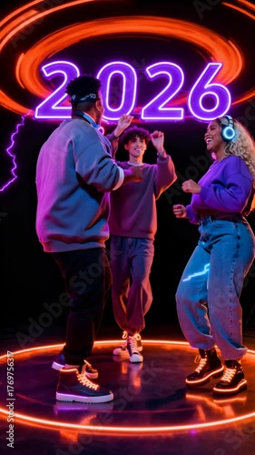 Three adults, likely Caucasian, dance joyfully in neon-lit 2026 on stage, wearing vibrant clothes and headphones, enjoying music experience, with dark background emphasizing joyful expressions