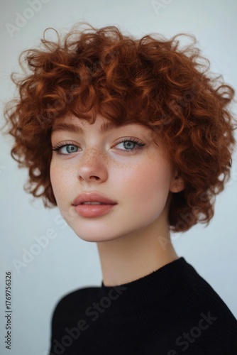 Fresh faced woman with vibrant short curly reddish brown hair and natural freckles, looking directly at the viewer