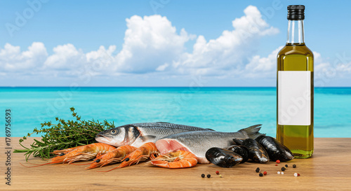 Mediterranean diet concept with fresh seafood and olive oil on a wooden table against a beautiful sea background, mockup for label.