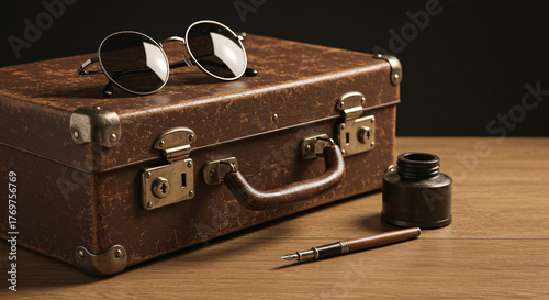 Vintage still life with an old leather suitcase, fountain pen, and sunglasses, concept of a classic writer or traveler.