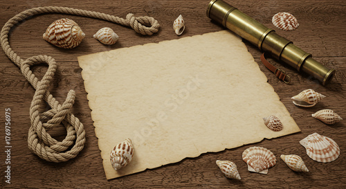 Nautical adventure concept with a blank old paper for mockup, spyglass, rope, and seashells on a wooden background.