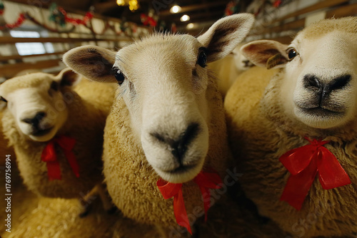 A sheep with Christmas ribb...